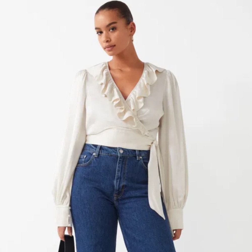 OTHER STORIES Ruffle Neck Wrap Blouse Ivory Soft Satin Size 0 NWT